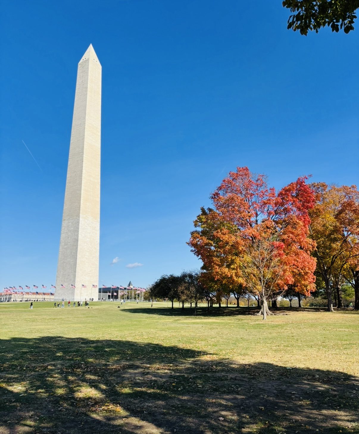 Stone obelisk against a deep blue sky with autumn trees turning red